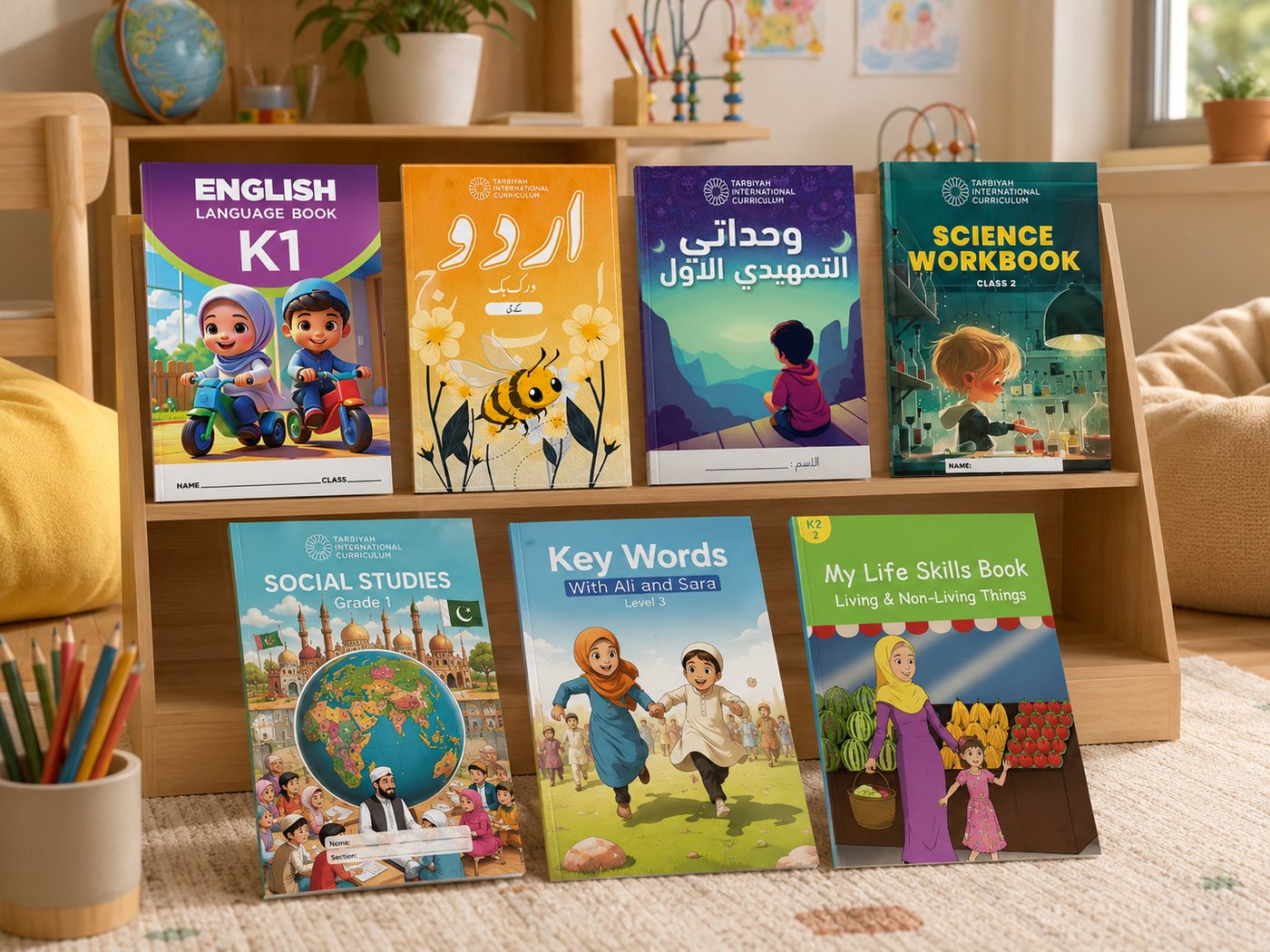 Tarbiyah textbooks fanned out on a meadow, English, Urdu, Science, Social Studies, Life Skills, Key Words and more.